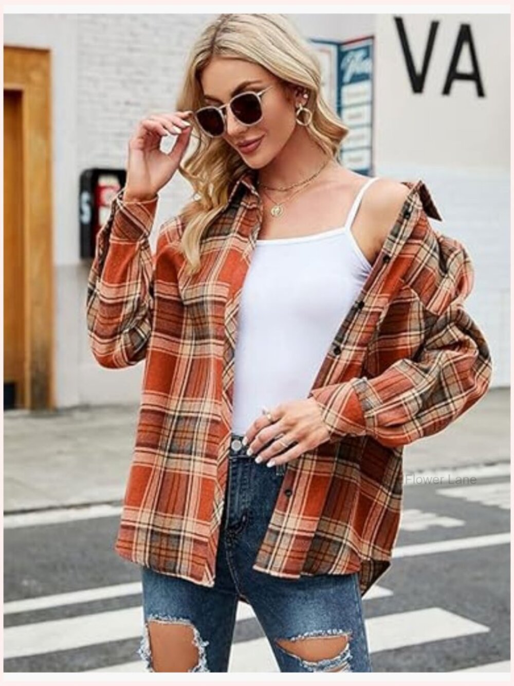 Oversized Flannel Plaid Button Down Shacket Blouse Tops - Picture 3 of 7